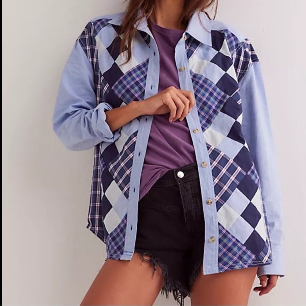 NEW Free People We The Free Blue Argyle Plaid Cotton Button Up Shirt